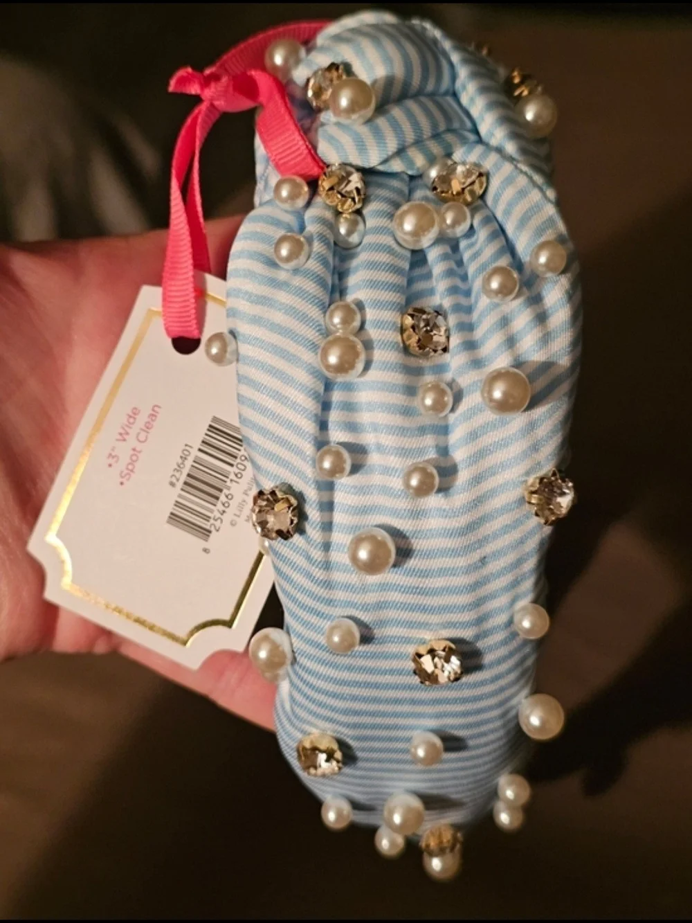 Lilly Pulitzer Light Blue & White Striped Pearl and Gem Knotted Headband